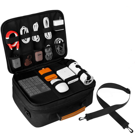 Extra Large Electronics Organizer Travel Case, Cable Organizer Bag with Shoulder Strap, Electronics Accessories Storage Double Layer Bags for Cord, Tablet, Headphone, Charger, Tools, DJ Gifts-Black