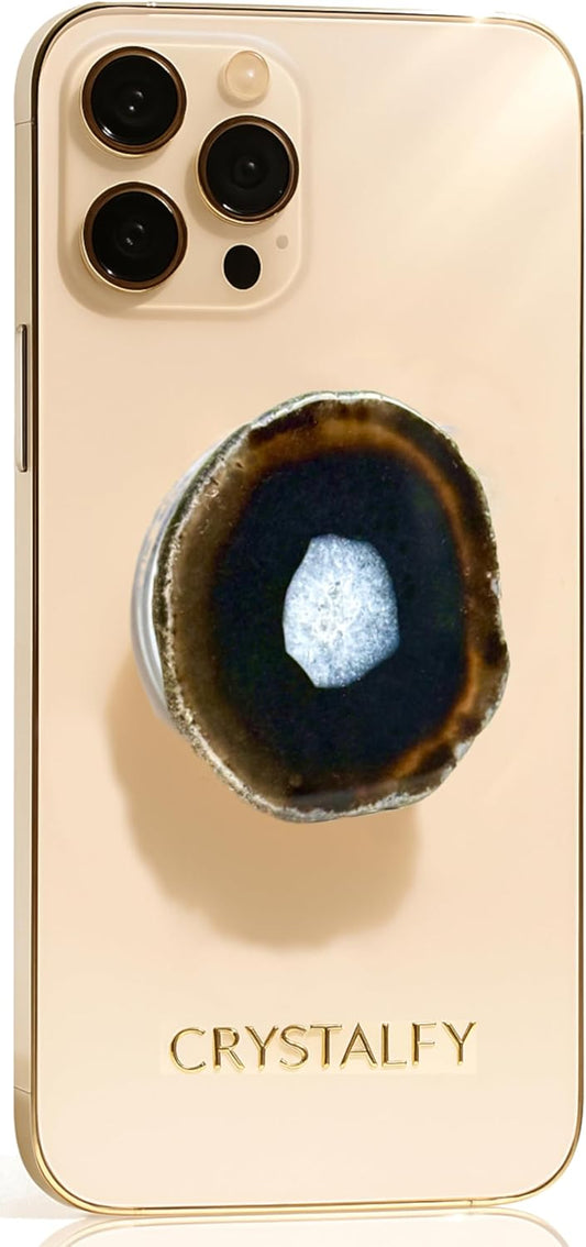 CRYSTALFY Grips by Brown Pattern Agate Round Shape Magnetic Crystal Phone Grip Holder & Expanding Kickstand-Natural