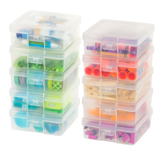 IRIS USA Pencil Case Boxes, 10-Pack, |Made in USA|, Plastic Bead Organizing Containers with Snap Lid for Arts, Crafts, Ephemera, Stickers, & Dance Cheer, Clear - Small