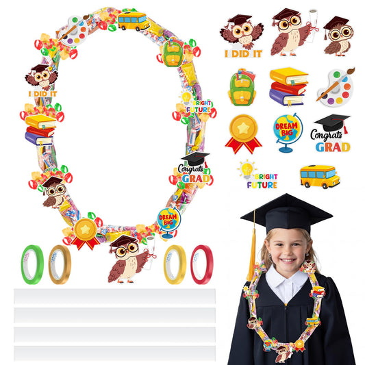 Spakon Graduation Candy Lei Making Kit, 2026 DIY Graduation Candy Lei Tubing with 4 PE Bags 4 Ribbon 11 Grad Cutouts for 2026 Grad Craft Supplies Snack Wrapping Birthday Party Favors(Owl)