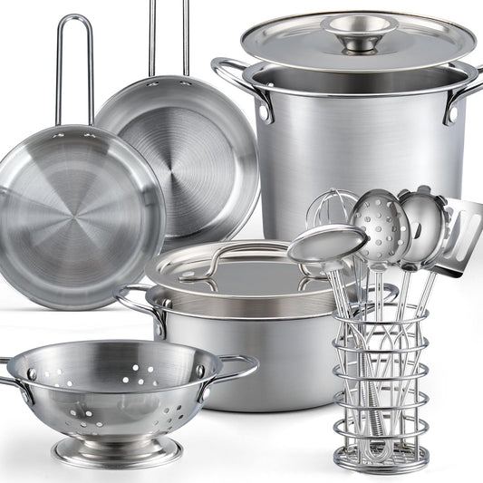 13Pcs Kids Pretend Play Kitchen Accessories Pots and Pans Playset, Stainless Steel Pots and Pans Cooking Utensils in Draining Caddy Kitchen Toy Set Accessories for Kids Toddler Age 3 Years Old