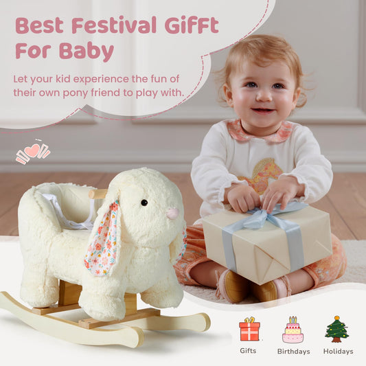 labebe Baby Rocking Horse, Plush Rabbit Animal Rocker, Wooden Rocking Horse with Seat Belt, Kid Ride On Toy for 12M+ Baby Girls, Nursery Birthday
