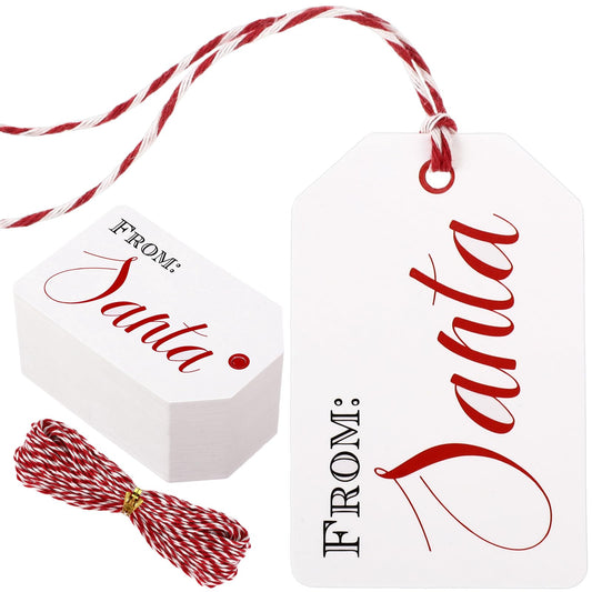 Gueevin 100 Pieces from Santa Gift Tags Christmas Paper Gift Tags with Red and White Twine Kraft Paper Hanging Name Labels Bulk with String Holiday Labels for Xmas Presents Wrapping DIY Crafts