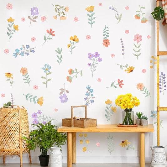 Boho Watercolor Flower Wall Decals - Removable Wildflower Art for Girls Bedroom, Nursery, Kids Room - DIY Cute Vinyl Murals Decorations