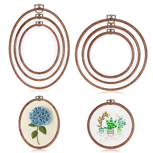 OwnMy 6PCS Embroidery Hoops with Hanging Rings - Decorative Imitated Wood Embroidery Hoop Frames for Display, 3 Oval and 3 Circle Cross Stitch Hoops for DIY Sewing Crafts