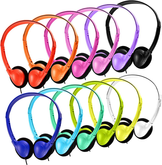 20 Pack 3.5mm (12 Kids Headphones Bulk Multi Colored On-Ear Corded Headphones with Jack for School Classroom Libraries