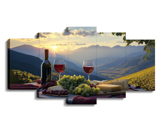 Wine Canvas Wall Art 5 Piece Kitchen Decor Fruit Goblet Painting Prints Mountain Forest Landscape Romantic Poster Bar Restaurant Home Decor Framed Ready to Hang(Wine-4,8x14inx2 8x18inx2 8x22inx1)
