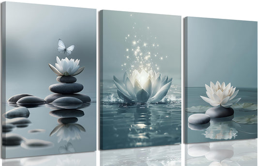 3Pcs Zen Stones Lotus Spa Canvas Wall Art White Lotus Blooming on Stones Painting Picture Wall Decor Modern Spiritual Poster Print Artwork for Yoga Meditation Spiritual Room Bathroom Home Decoration