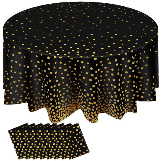 Newwiee 8 Pcs Round Dot Tablecloth 84 Inch Plastic Polka Dot Table Cover Disposable Confetti Tablecloths for Grad Wedding Bridal Shower Birthday Spring Graduate Party Decor (Black,Gold)