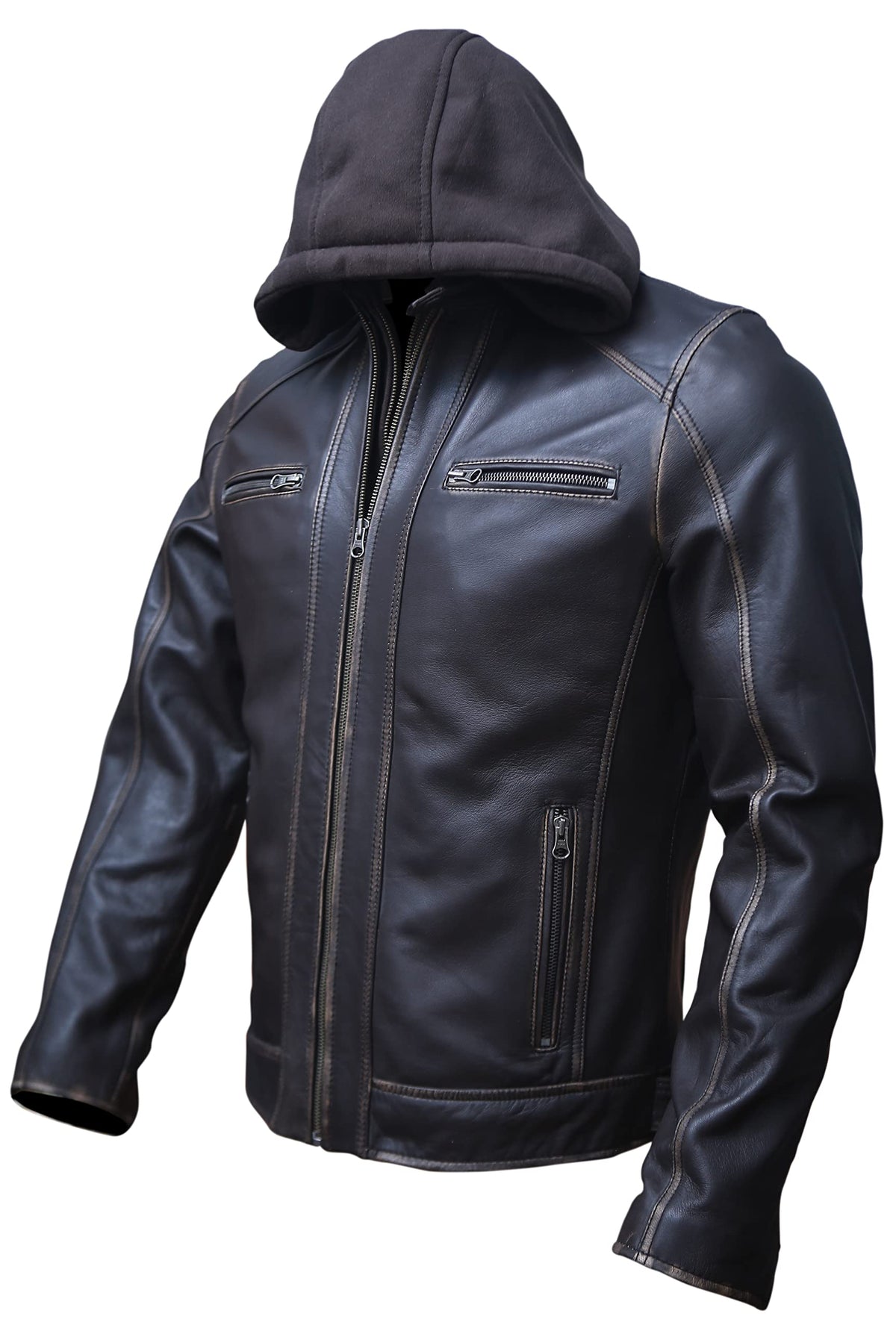 Artistry Mens Genuine Lambskin Leather Motorcycle Jacket with Removable Hood in Black Brown (Large, Distressed Brown)