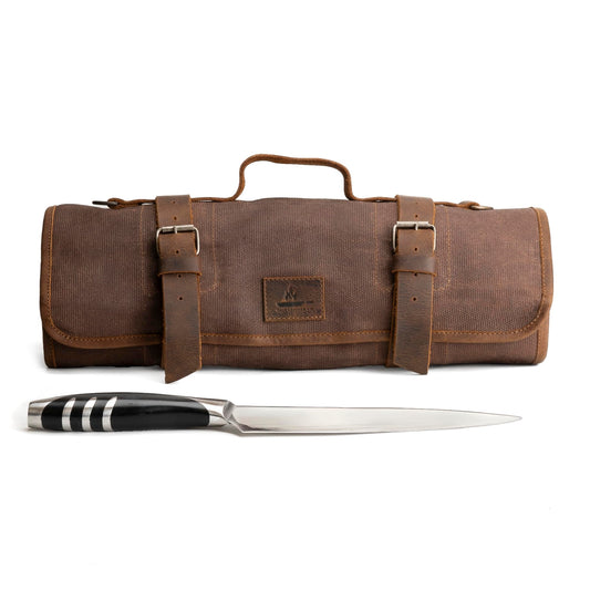 Cast Leather Co., Knife Roll with 8 Pockets, Portable Knife Organizer, Cooking Accessories, Travel Bag, Waxed Canvas, Handmade, Honey Bourbon