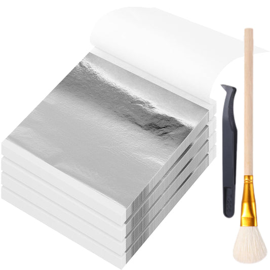 Maitys 400 Pcs Imitation Gold Leaf Sheet, for Art Silver Foil Sheet Set with Brush and Nipper for Painting Gilding Picture Frame Sculpture DIY Craft Decoration Furniture, 3.5 x 3.5 Inches(Silver)