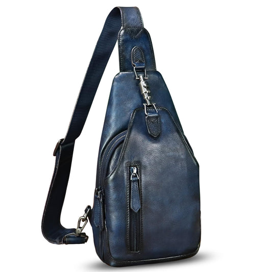 LRTO Genuine Leather Sling Bag for Men and Women Real Leather Shoulder Crossbody Bag Chest Bag Sling Backpack Purse (Blue)