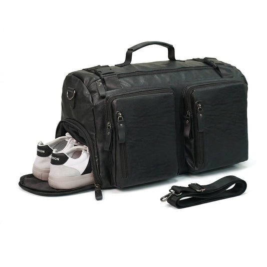 Leather Duffle Bag for Travel, Waterproof Overnight Weekend Gym Carry On Bag with Shoe Compartment for Men Women Black