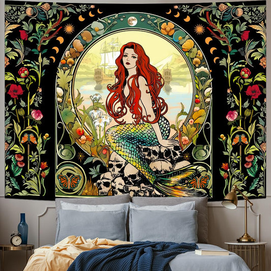 Vintage Mermaid Tapestry Aesthetic Plant Floral Tapestries Moon Phase Wall Art Decor Nature Landscape Tapestry Wall Hanging for Bedroom