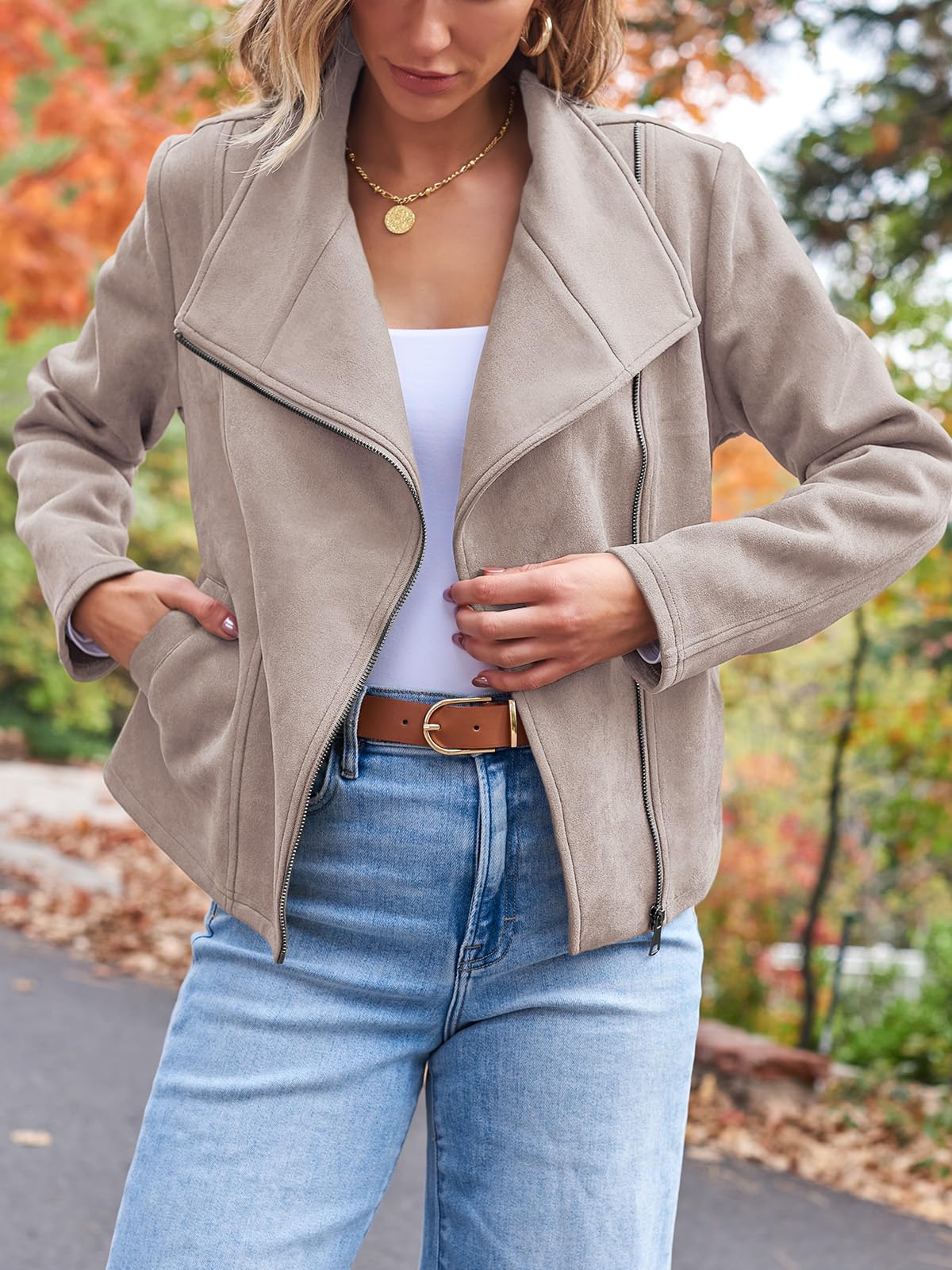 AUTOMET Women's Faux Suede Leather Jacket Cropped Open Front Cardigan Buttery Soft Lightweight Fall Coat Apricot XS