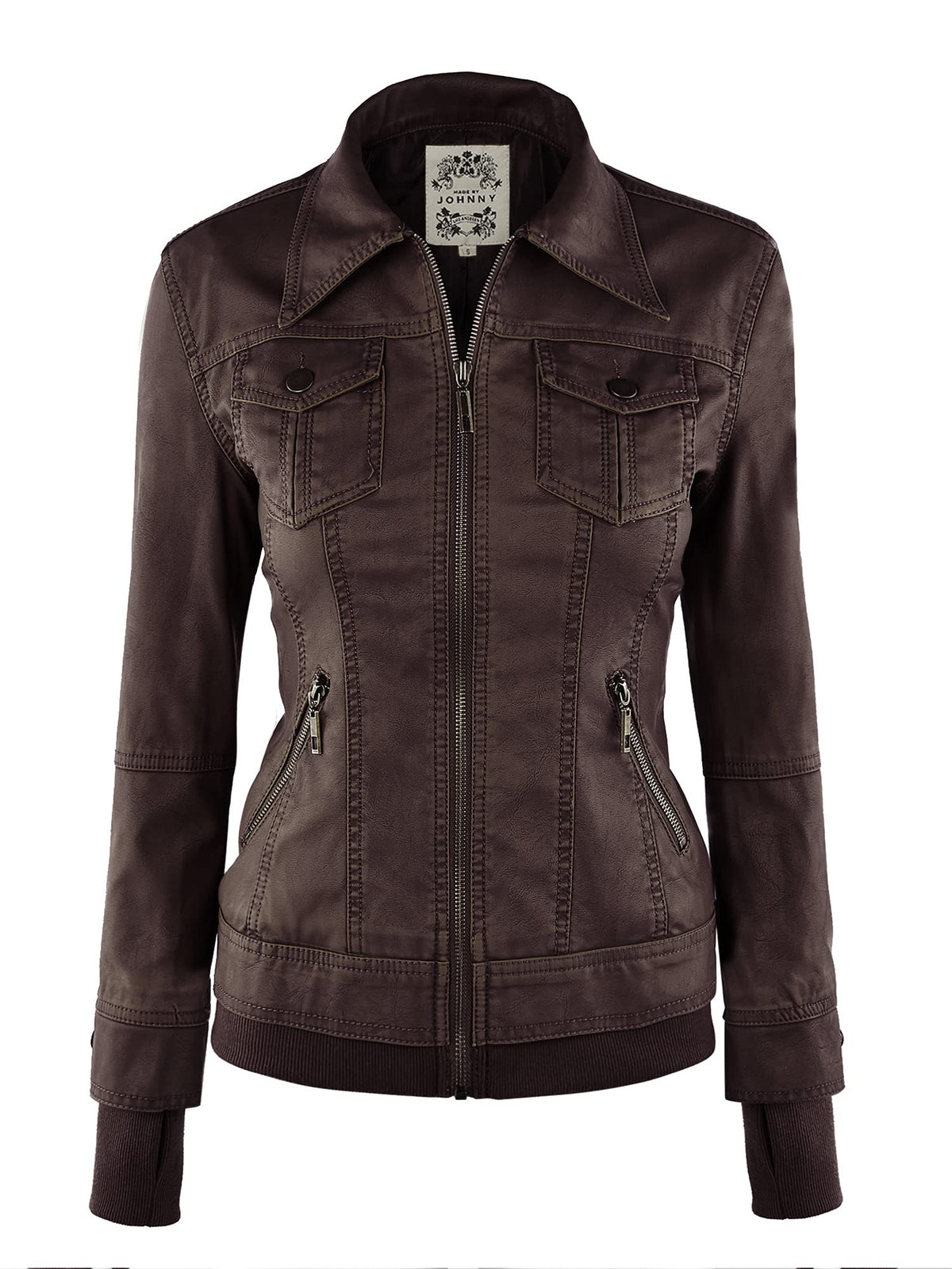 Made By Johnny MBJ WJC664 Womens Faux Leather Jacket with Hoodie XXL Coffee