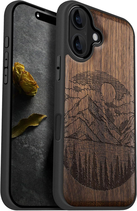 Carveit 16 Magnetic Wooden Case for iPhone Case, Wood Artisan Engraved & Black Soft TPU Shockproof Cover, Compatible
