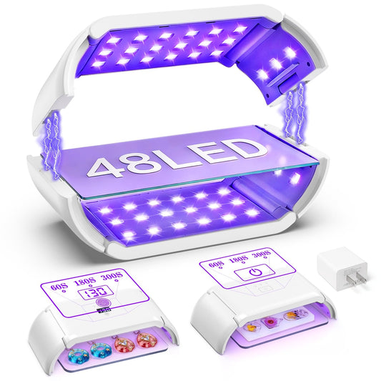 UV Light for Resin — 48 LEDs Double-Sided 360° Lamp, 365-405nm, 1-10min Timer, 2 Heat-Resist PCBs, 1 Adapter & 2 USB Cables, for Molds, Jewelry, Crafts & Batch Curing — for Beginners, DIYers & Pros