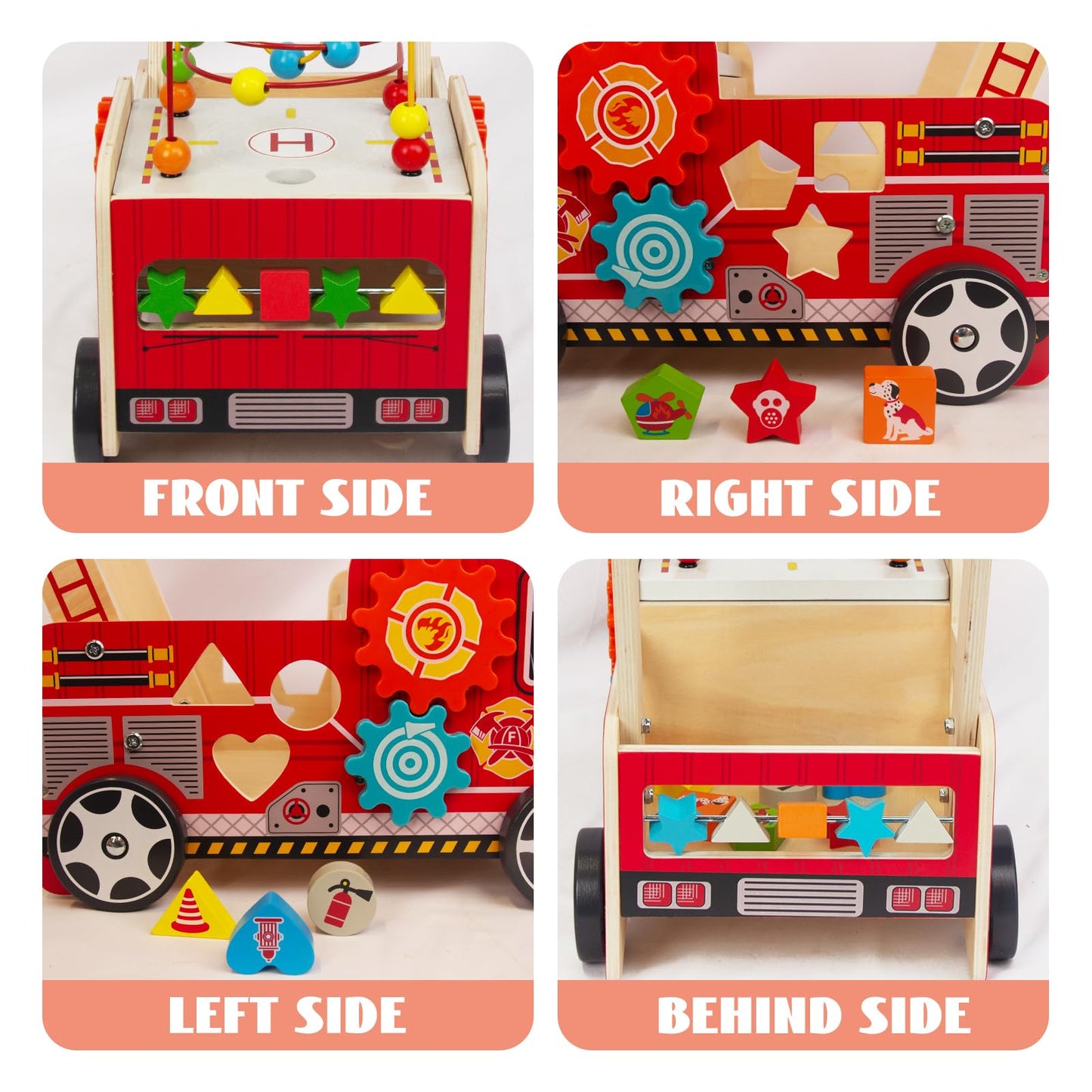 Wooden Baby Walker with Bead Maze for 1 Year Old and up, Wood Push Toy for 12 Month, Toddle Cart with Blocks