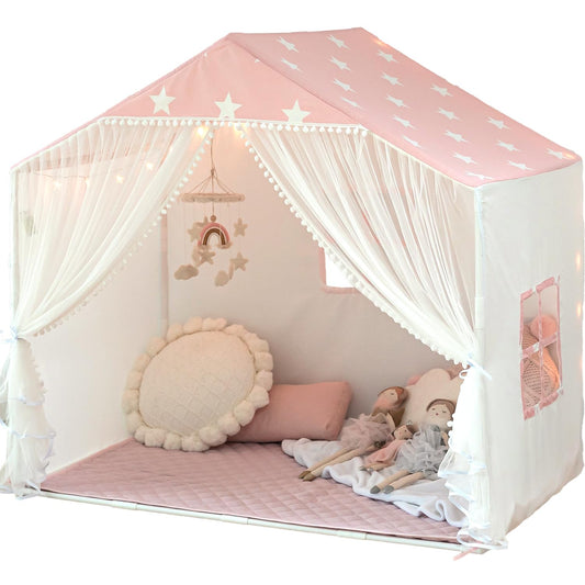 Kids Play Tent with Mat, Large Playhouse Tent Indoor Toddler Girl Tent with Pompoms Door Curtains, Princess Tents Children Play House for Girls Birthday Toy House Gift, Play Cottage (Pink)