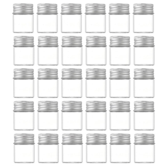 ROHIJALE 30 Pack 15ml/0.5Oz Clear Glass Jars with Aluminum Screw Lids Small Refillable Bottles Leakproof Empty Mini Containers for Samples, Spices, Beads, Cosmetics, DIY Crafts (4cm x 3cm)
