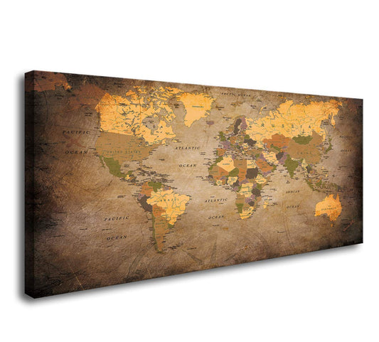 Baisuwallart- 1 Piece Vintage World Map Canvas Wall Art- Ready to Hang - Home Office Decor Picture Prints for Living Room Bedroom Abstract Painting Artwork 24x48inches x1pcs