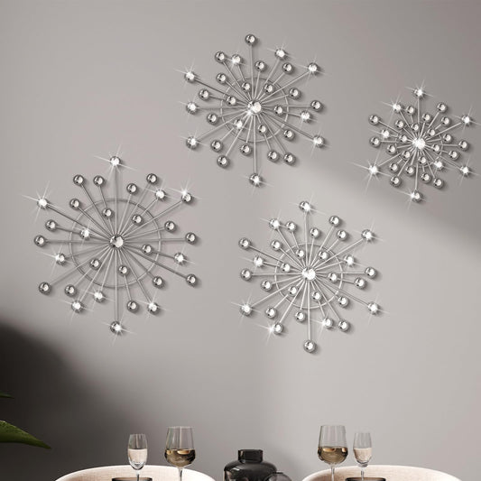 Blulu 4 Pcs Silver Wall Decor Bling Crystal Wall Art Cast Iron Rhinestones Sunburst Decor Metal Starburst Art Hanging Diamond Accents Decorative for Living Room Bedroom Entryway(Silver)