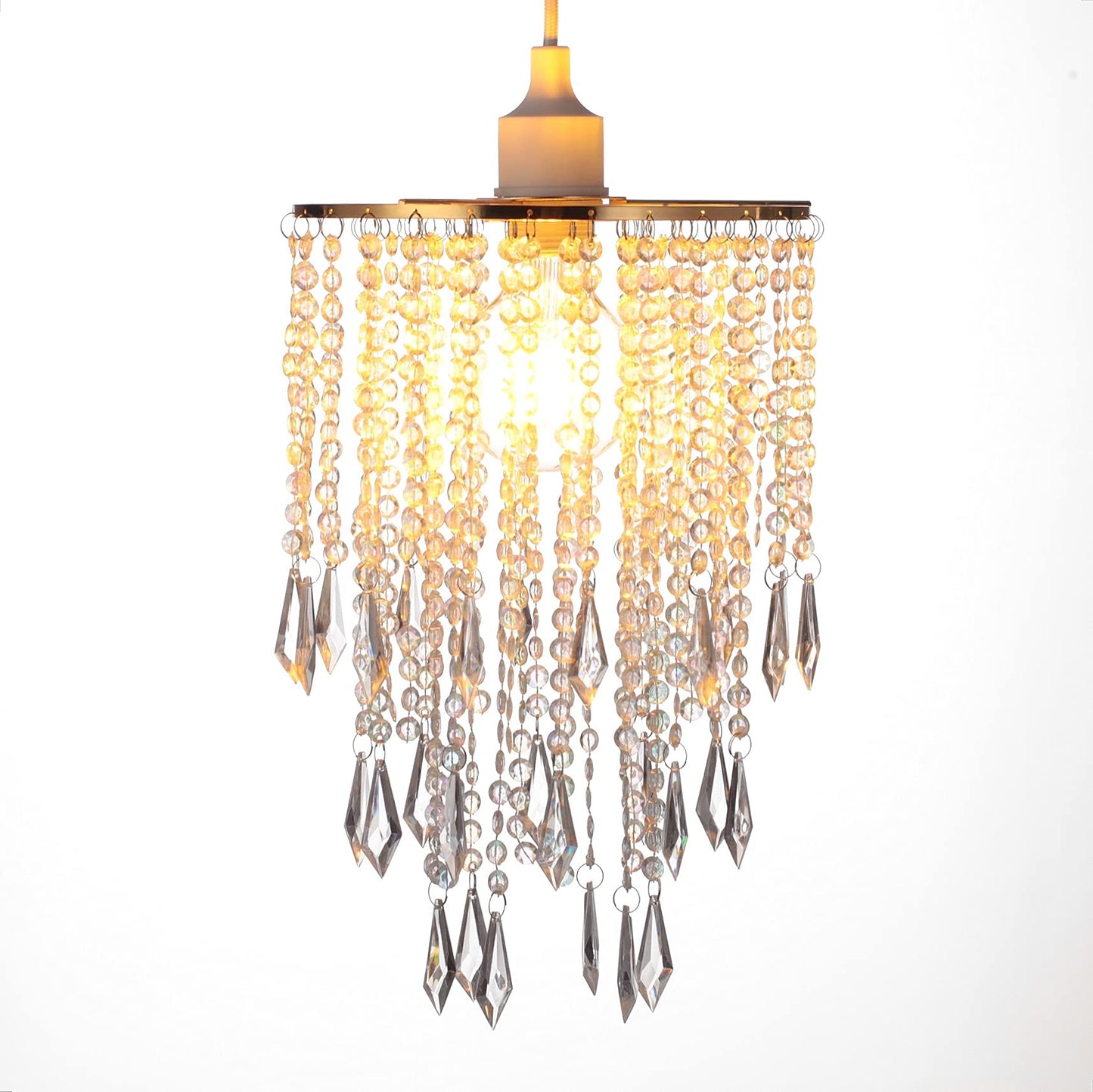 Cioceen Acrylic Chandelier Ceiling Light Shade Beaded Hanging Pendant Lampshade with Gold Frame for Bedroom for Wedding Party H12.9" X W8.7" 3 Tiers