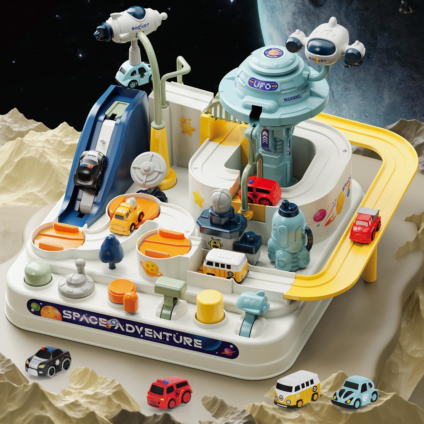 Fistone Kids Race Track Car Adventure Toy for Toddlers, Spaceship Puzzle Rail Track City Rescue Playset with 4 Mini Cars, Preschool Educational Car Games Toys for Boys Age 3+