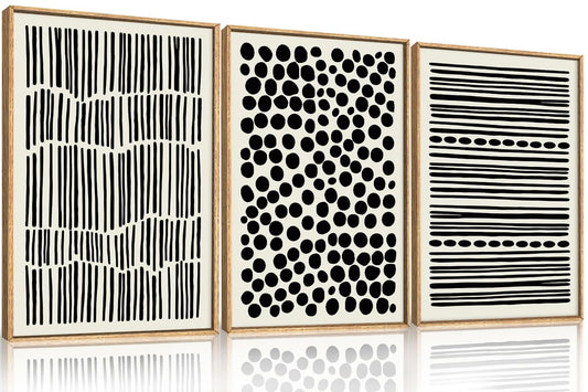 KAIRNE Abstract Black and White Framed Canvas Wall Art Set, Modern Geometric Wall Decor, Minimalist Line Art Prints, Neutral Boho Dots Artwork for Living Room, Bedroom, Farmhouse, Office -24"x36"x3
