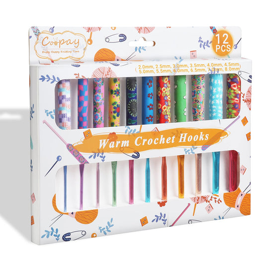 Coopay Warm Crochet Hooks Plus for Crochet Gifts, 12PCS 2mm-8mm(B-L) Crochet Kit Crochet Hook Set Ergonomic Grip Crochet Needles for Crocheting Art Yarn Craft,Precious Knitting & Crochet Supplies
