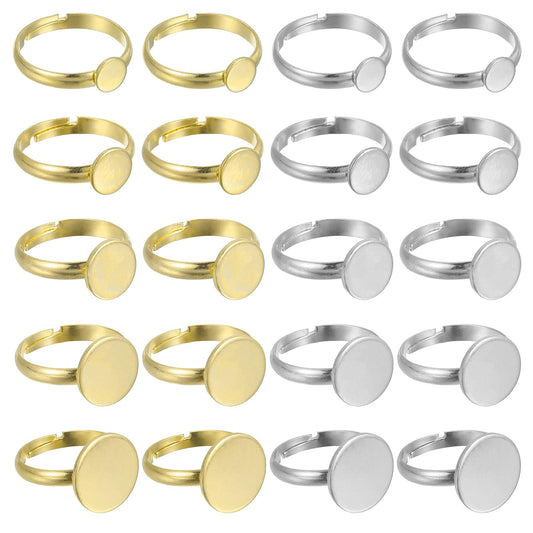 MECCANIXITY 20Pcs Metal Ring Base Blank, 6/8/20/12/14mm Adjustable Pad Cabochon Ring Blank Base Flat Bezel Tray for Jewelry Making Finding DIY Craft, Silver/Gold