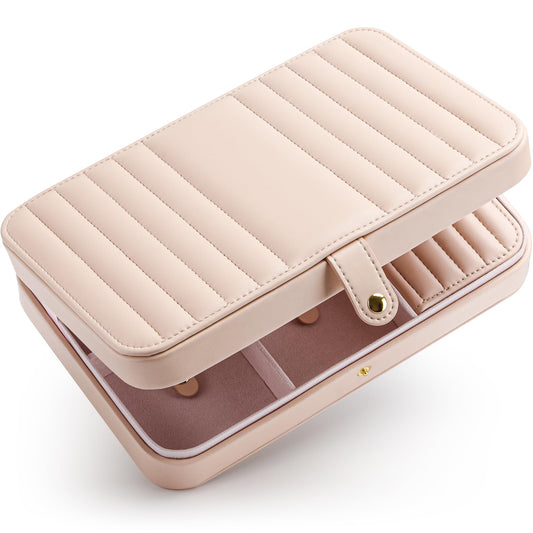VELORIA PU Leather Travel Jewelry Organizer with 8 Snap Clasps, Elastic Pouch, Hidden Compartment, Compact Jewelry Case for Necklaces, Earrings, Bracelets and Bangles, Cloud Pink