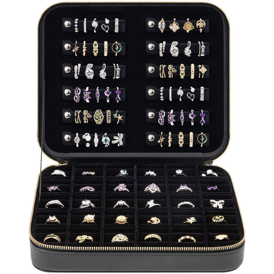 Luxury Velvet Ring Storage Organizer Case, Leather Ring Holder for Women/ Girls/ Mothers/ Wife, Portable Jewelry Display Box with Large Capacity for 90+ Rings, Earrings, Necklaces - Black(Case Only)