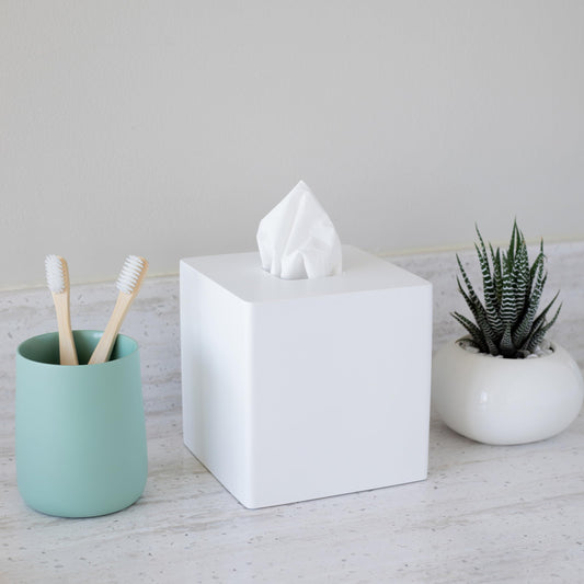 Yew Design Matte White Square Tissue Box Cover, Decorative Tissue Box Dispenser for Bathroom, Parlors, Office, Bedroom Dresser, Vanity Countertop, Nightstand, Car, and Desk