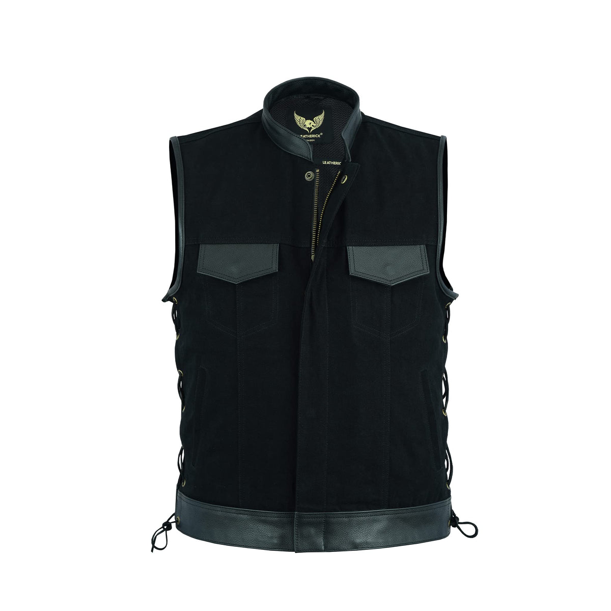 Leatherick Mens Side Lace Black Denim Vest with Leather Trims for Motorcycle Bikers (XL)