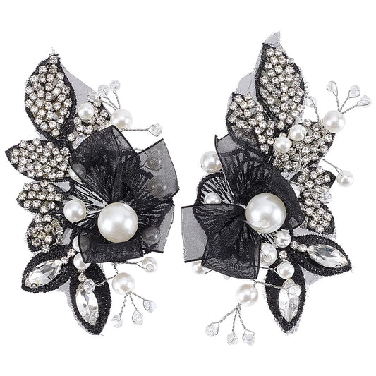 FINGERINSPIRE 1 Pair 4.4x2.5x0.5inch White Pearl Beaded Applique Rhinestone Flower Patch DIY Crafts Wedding Dress Embellishment for Bridal Hair Comb Decoration Black Floral Sew On Decoration