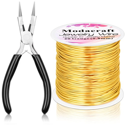 Modacraft 20 Gauge Gold Jewelry Wire & 4-in-1 Pliers Kit - 82FT Tarnish Resistant Copper Craft Wire (0.8mm) for Wire Wrapping, DIY Jewelry Making, Christmas Ornaments & Holiday Decorations