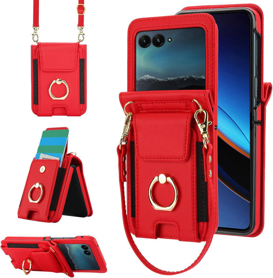 Asuwish 50/Moto 2024 INE-LX1 Phone Case for Moto Razr Razr Wallet Cover with Ring and Crossbody Wrist Strap Lanyard
