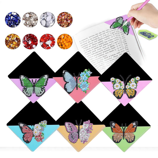 DDGYP 6 PCS Diamond Art Bookmarks, 3.94X3.94 Inch PU Leather DIY Corner Bookmarks with Butterfly & Flower Patterns, Diamond Painting Kits for Adults Book Lovers Home Reading Craft Gift