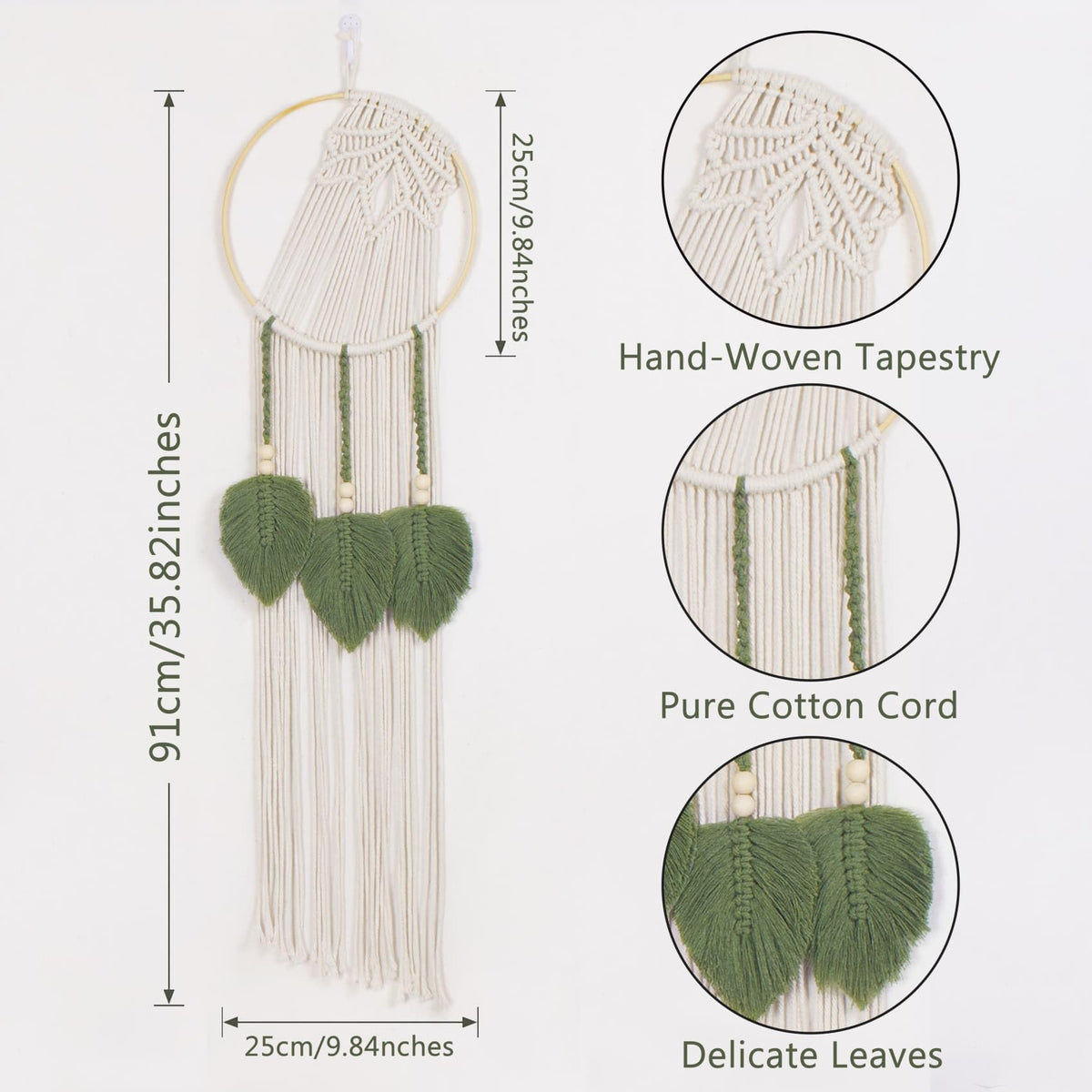 LB Boho Leaf Small Macrame Wall Hanging Green and Beige Hand Woven Cotton Tapestry Wall Art with Wood beads Modern Aesthetic Wall Decor for Home, Bedroom, Living Room