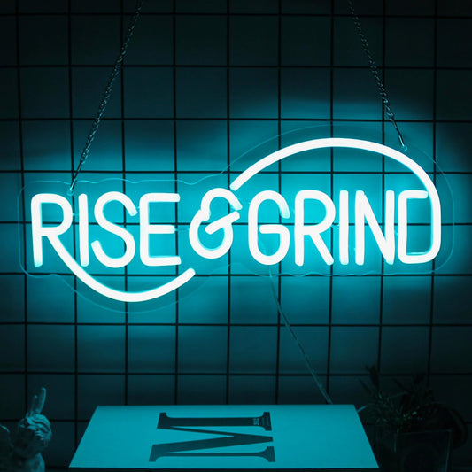 Rise & Grind Neon Sign Hustle LED Neon Signs for Wall Motivational Decor Ice Blue Letter Neon Light Inspirational Neon Wall Art Light Up Signs for Bedroom Office Gym Sports Room Man Cave Decor