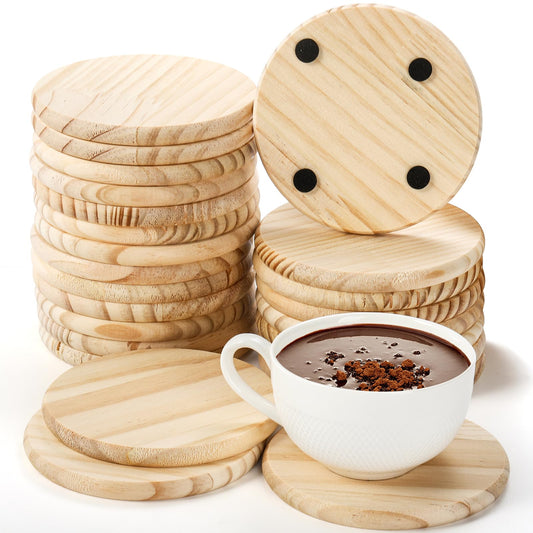 Dicunoy 24 PCS Unfinished Wood Coasters, 4 Inch Round Blank Wood Coaster for Crafts with 96 PCS Foam Knots for DIY Mosaic, Laser Cutting Engraving, Painted, Pyrography, Arts