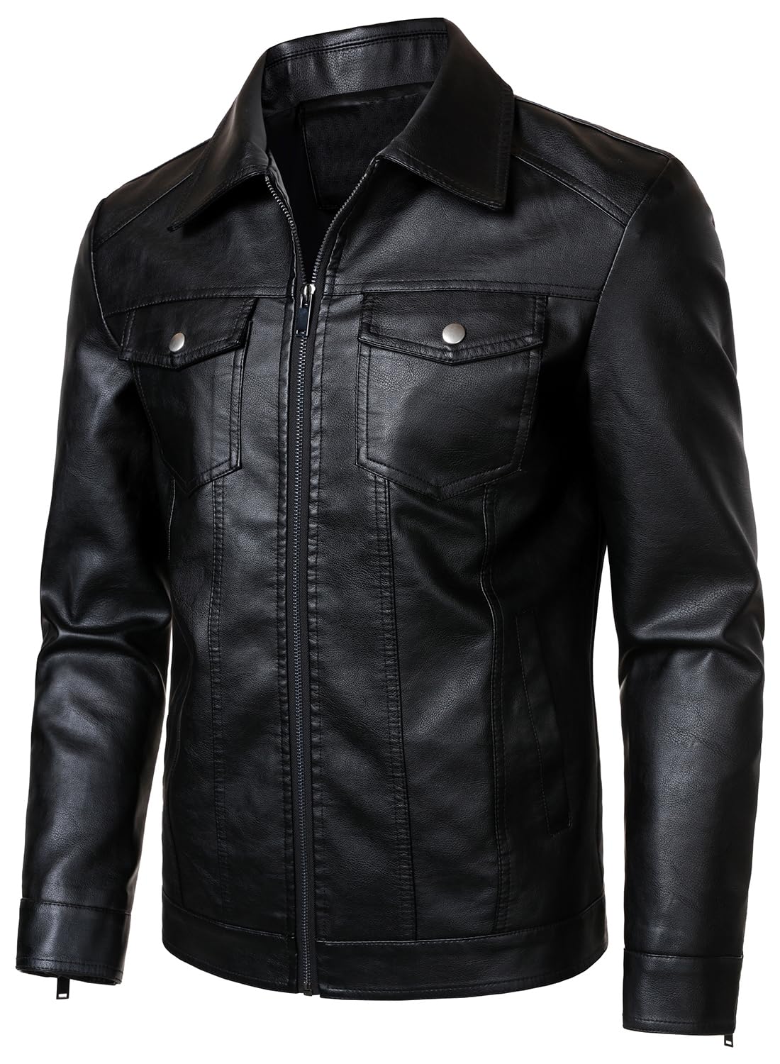 HOOD CREW Mens Leather Jacket Motorcycle Biker Jackets Casual Lightweight Faux Leather Outwear Black L
