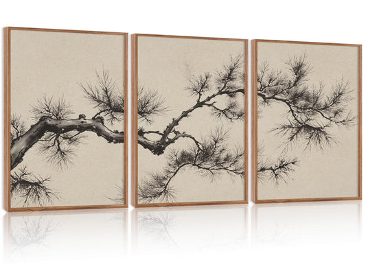 HPNIUB Vintage Sketch Pine Tree Framed Canvas Wall Art Set, Brown Antique Tree Branch Wall Decor, Nature Botanical Art Print, Modern landscape Pictures for Living Room, Office(Set of 3,12X16 Inch)