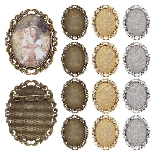 PH PandaHall 3 Colors Brooch Cabochon Setting 12pcs Vintage Brooches Blank Bezel Oval Brooch Pins Trays Cabochon Frame Photo Pins Base for Bridal Wedding Graduation Jewelry Making DIY Craft 51x40x2mm