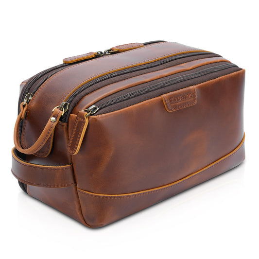 Polare Full Grain Leather Toiletry Bag for Men Large Travel Cosmetic Case Dopp Kit Shaving Kit Wash Pouch with YKK Zippers (Brown)