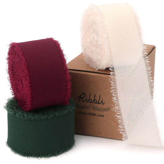 Ribbli Red White Green Christmas Ribbon 1 Inch x 3 Rolls Total 24 Yards Handmade Fringe Chiffon Silk Ribbon for Gift Wrapping DIY Crafts Home Decor