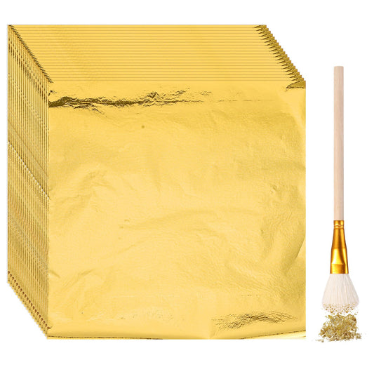 Cunhill 100 Pcs Gold Leaf Sheets for Art Foil Paper Leaf Art Foil Sheets Gilding Brush Thin Paper Craft for Painting Gilding Crafting Decoration,5.5 x 5.5 Inches (Karat Gold)